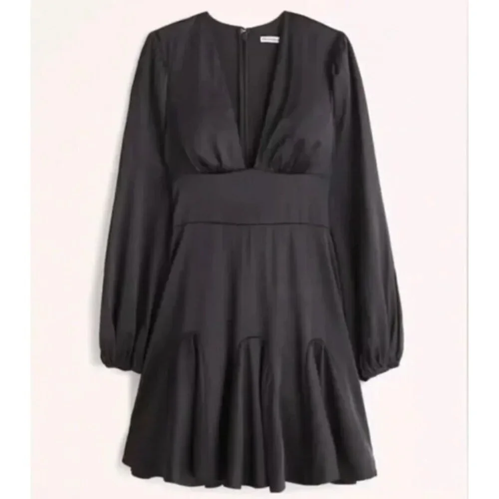 Abercrombie & Fitch Long Sleeve Black Satin Plunge Mini Dress L